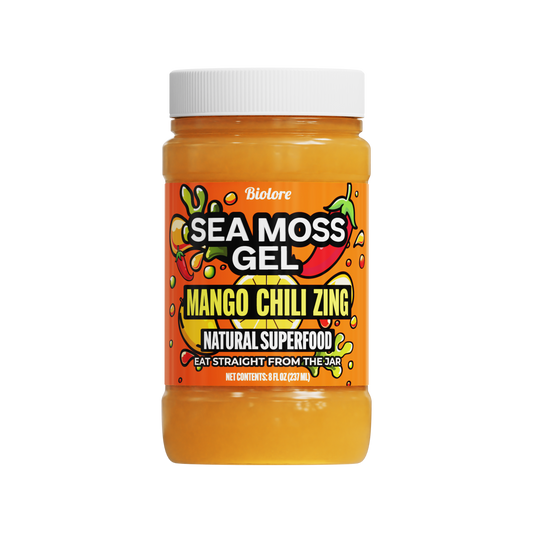Jar of Sea Moss Gel with Mango Chili Zing flavor on a white background
