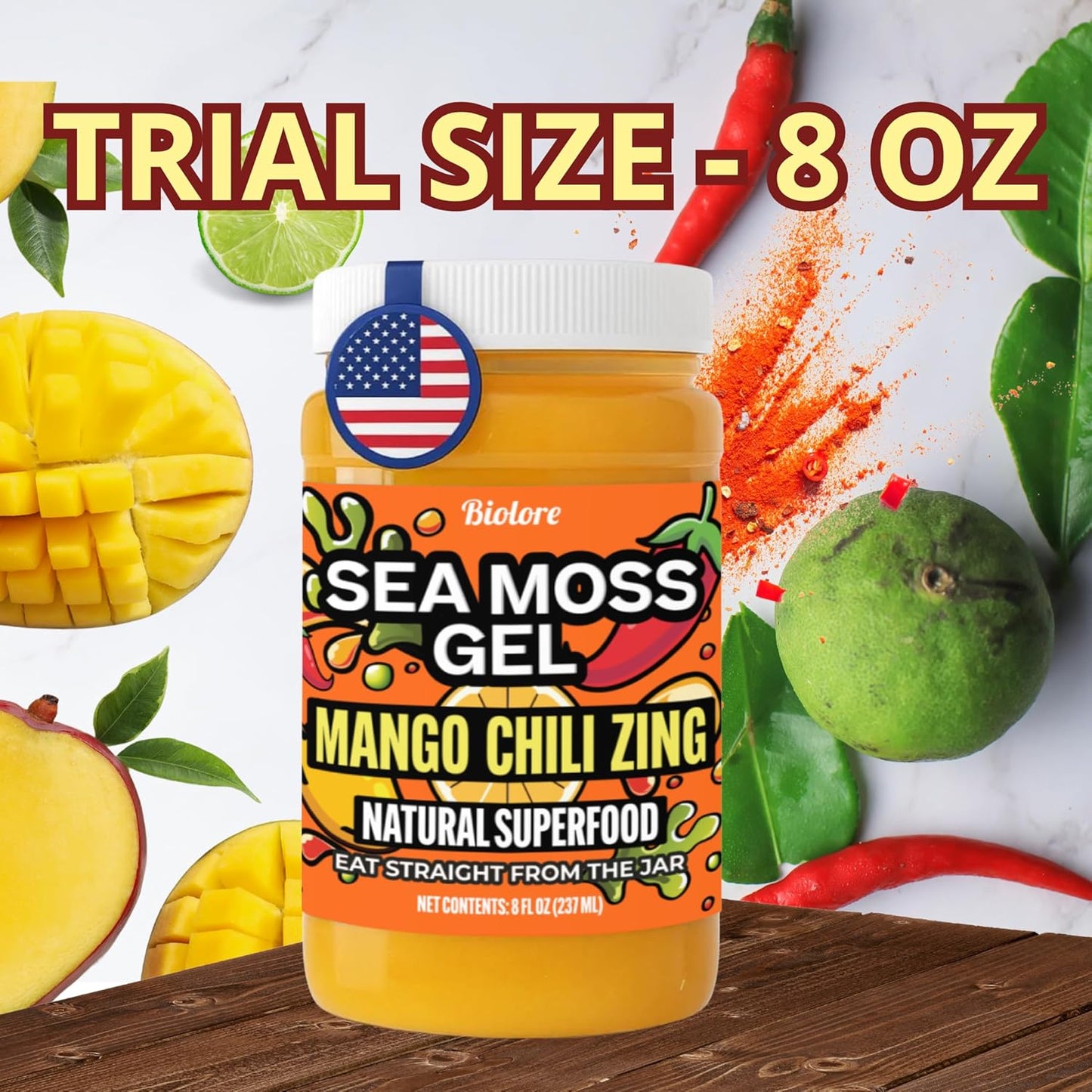 Biolore mango chili zing sea moss gel 8oz trial size jar with mango chili and lime ingredients