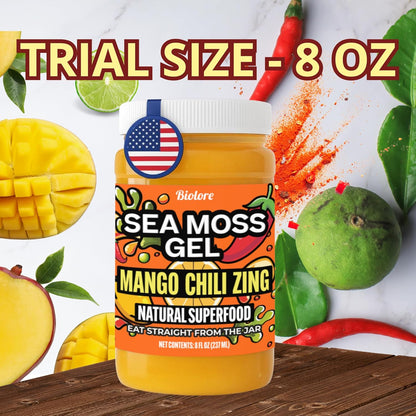 Biolore mango chili zing sea moss gel 8oz trial size jar with mango chili and lime ingredients