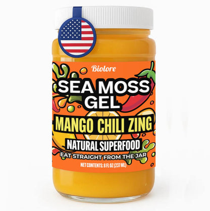 Biolore mango chili zing sea moss gel jar natural superfood with made in USA label.