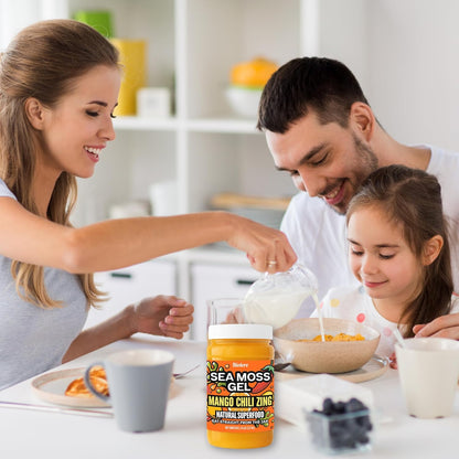 Family having breakfast together with Biolore mango chili zing sea moss gel as part of a healthy lifestyle.