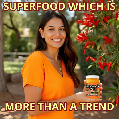 Woman holding Biolore mango chili zing sea moss gel outdoors representing a natural superfood lifestyle.