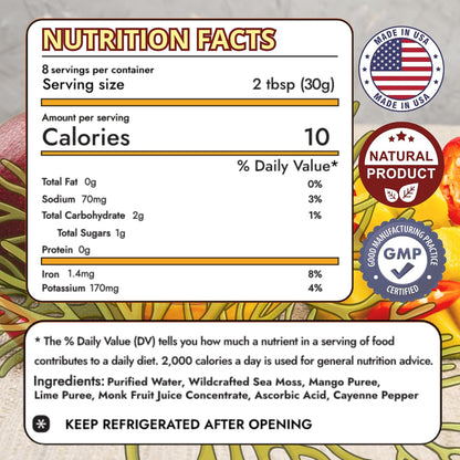 Nutrition facts label for mango chili zing sea moss gel with natural product and GMP certified icons.