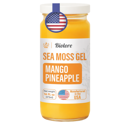 Jar of Biolore Sea Moss Gel Mango Pineapple flavor on a white background