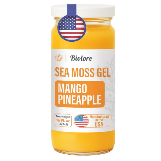Jar of Biolore Sea Moss Gel Mango Pineapple flavor on a white background