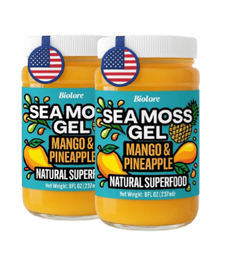 Two jars of Biolore mango and pineapple sea moss gel displayed as a bundle on a transparent background.