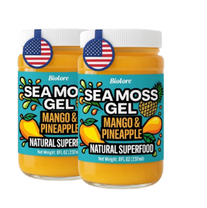 Two jars of Biolore mango and pineapple sea moss gel displayed as a bundle on a transparent background.