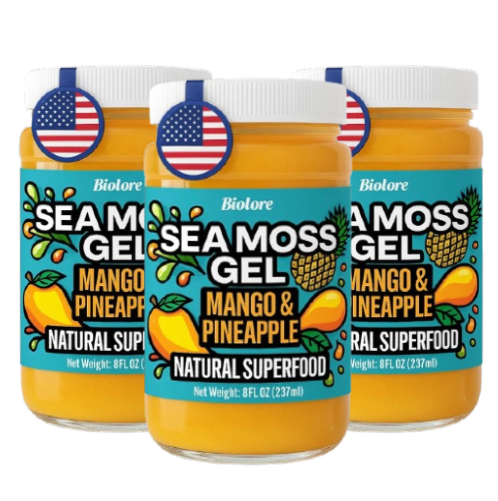Three jars of Biolore mango and pineapple sea moss gel displayed as a bundle on a transparent background.