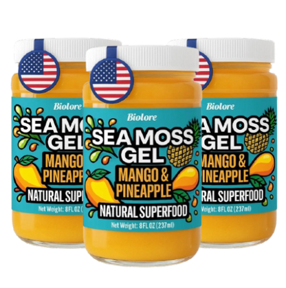 Three jars of Biolore mango and pineapple sea moss gel displayed as a bundle on a transparent background.