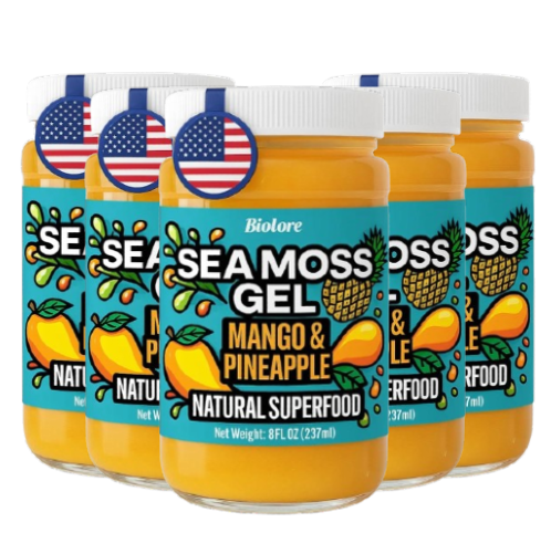 Multiple jars of Biolore mango and pineapple sea moss gel displayed as a bundle pack, highlighting tropical flavor and natural superfood benefits.
