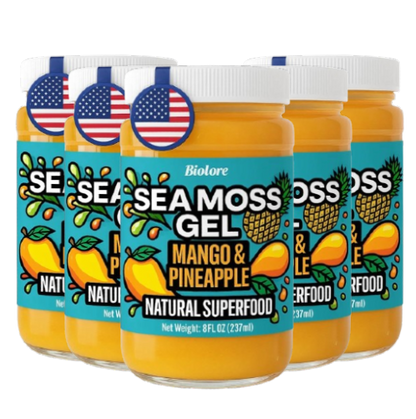 Multiple jars of Biolore mango and pineapple sea moss gel displayed as a bundle pack, highlighting tropical flavor and natural superfood benefits.