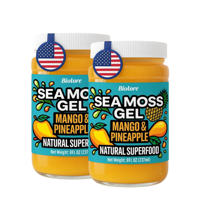 Two pack bundle of Biolore mango pineapple sea moss gel jars on a transparent background.