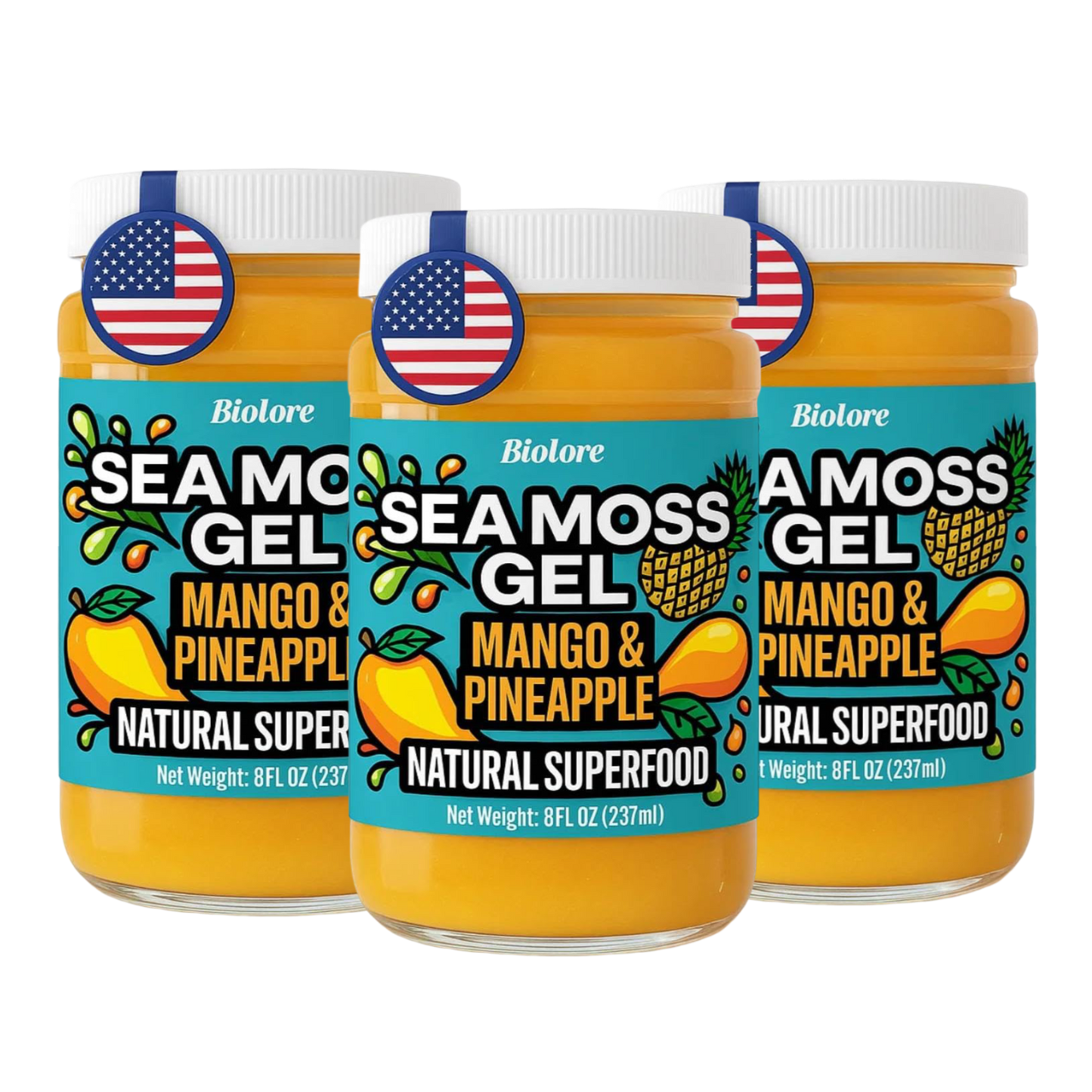 Three pack bundle of Biolore mango pineapple sea moss gel jars on a transparent background.