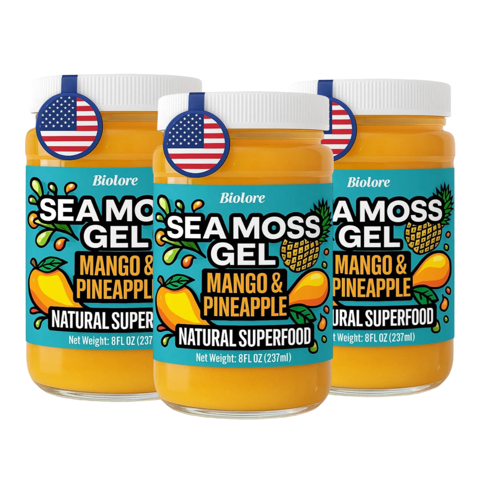 Three pack bundle of Biolore mango pineapple sea moss gel jars on a transparent background.