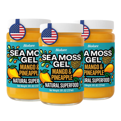 Three pack bundle of Biolore mango pineapple sea moss gel jars on a transparent background.
