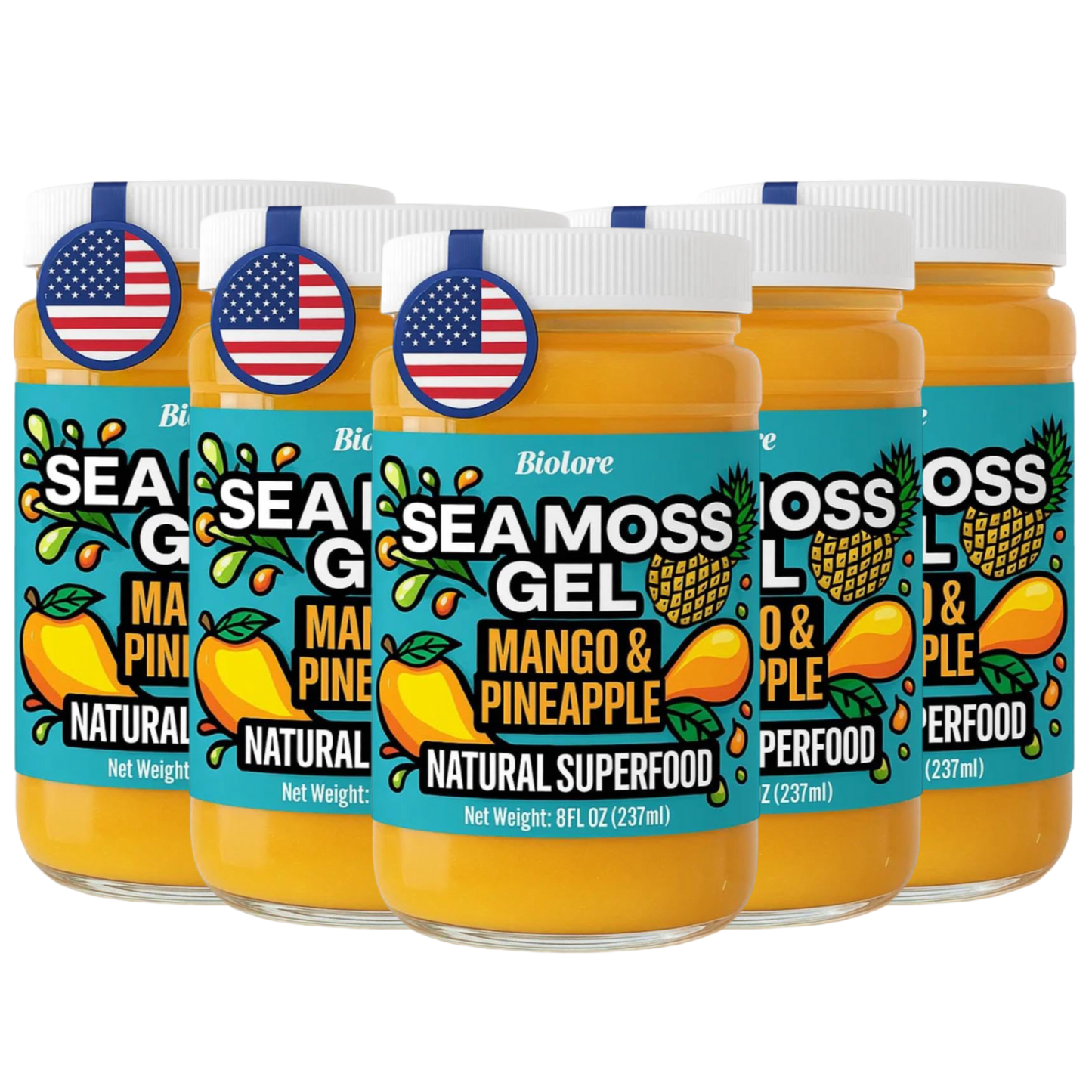 Five pack bundle of Biolore mango pineapple sea moss gel jars on a transparent background.
