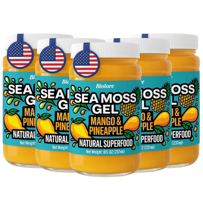 Five pack bundle of Biolore mango pineapple sea moss gel jars on a transparent background.
