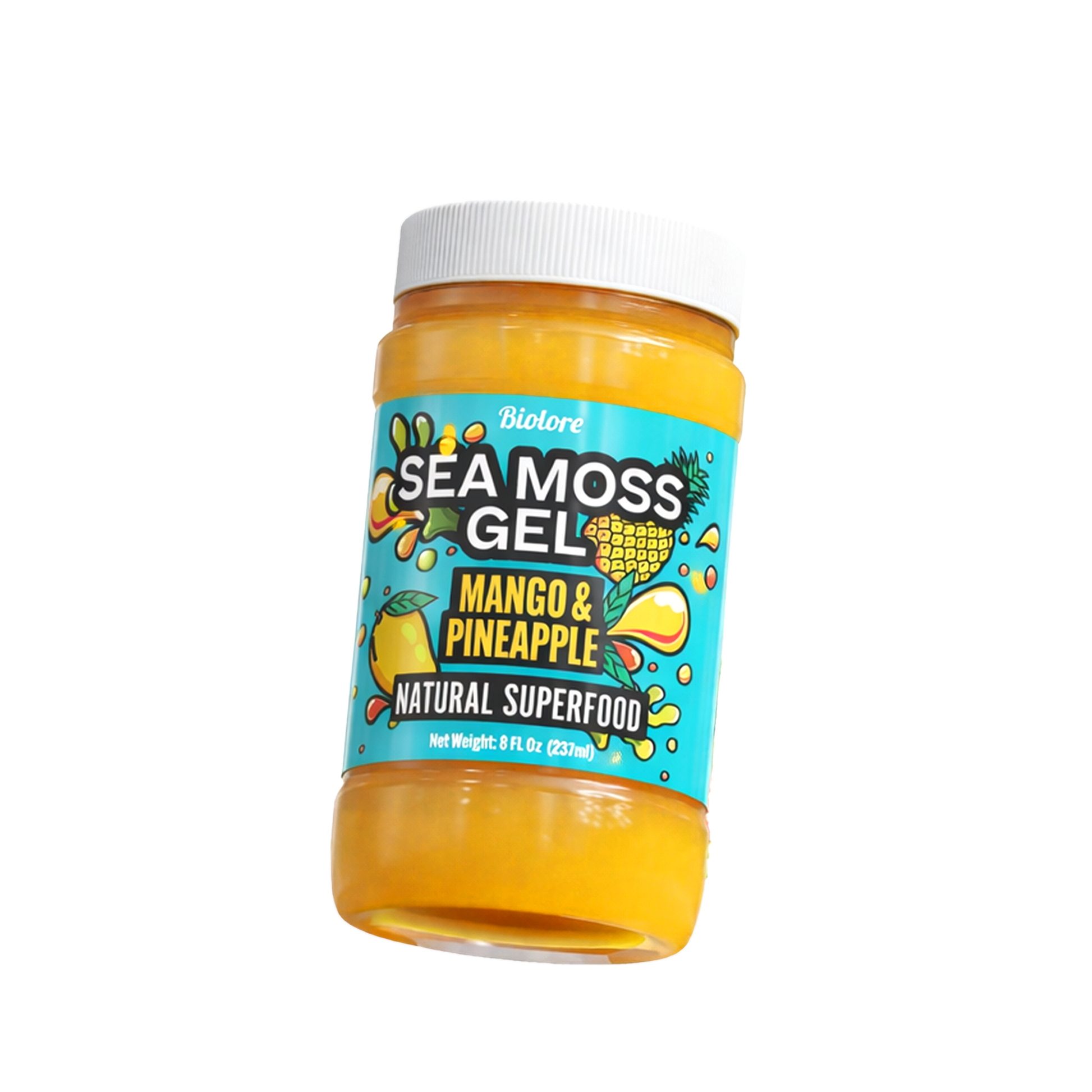 Bottle of sea moss gel with mango and pineapple flavor on a white background