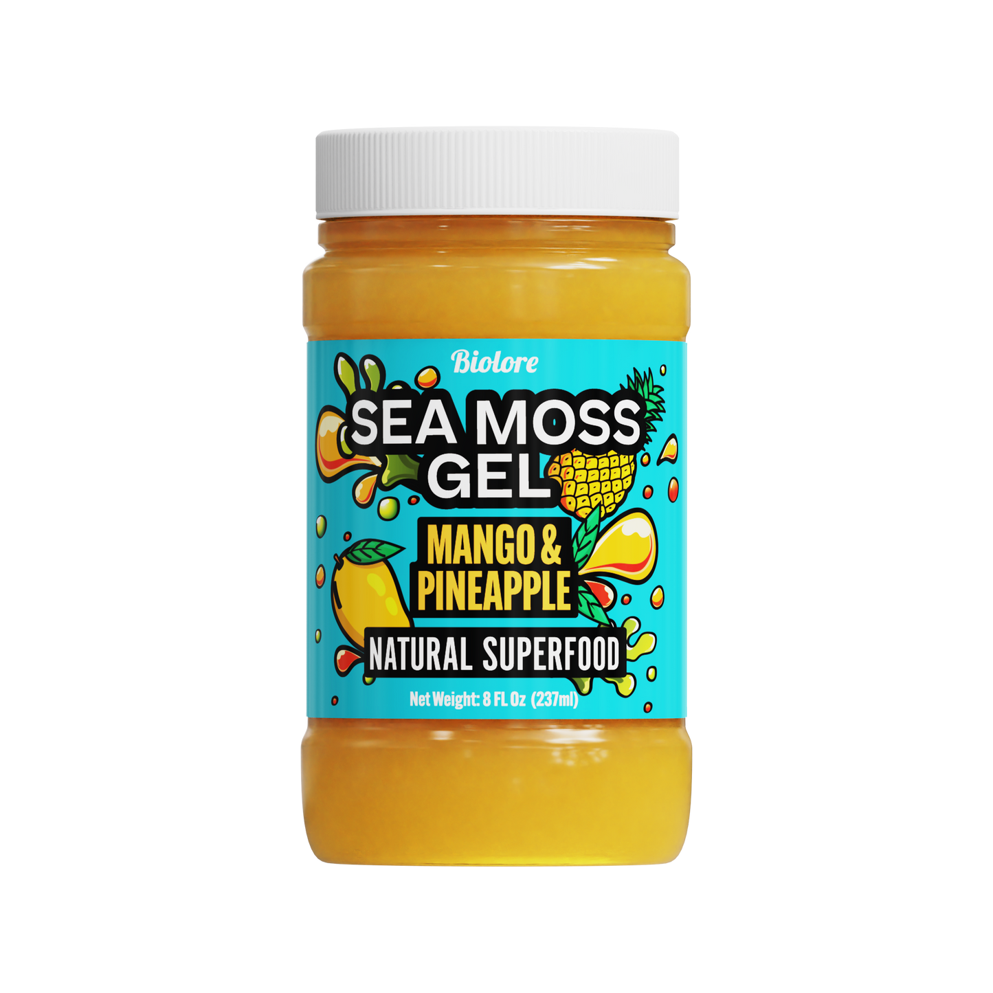 Jar of sea moss gel with mango and pineapple flavor on a white background