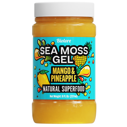 Jar of sea moss gel with mango and pineapple flavor on a white background