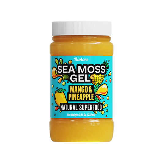 Jar of sea moss gel with mango and pineapple flavor on a white background