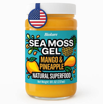 Biolore mango and pineapple sea moss gel jar natural superfood with made in USA label.