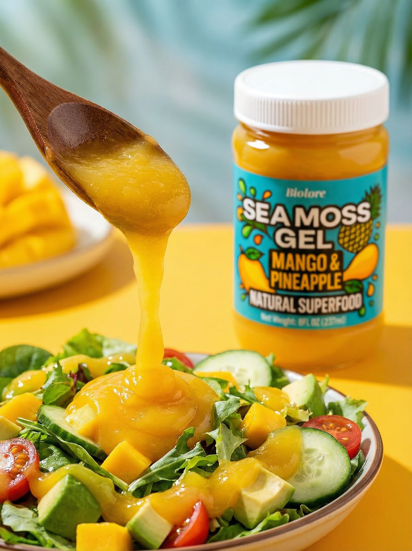 Sea moss gel being poured over a salad with a container of Biolor Sea Moss Gel Mango & Pineapple on a yellow surface.
