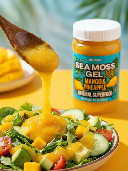 Sea moss gel being poured over a salad with a container of Biolor Sea Moss Gel Mango & Pineapple on a yellow surface.