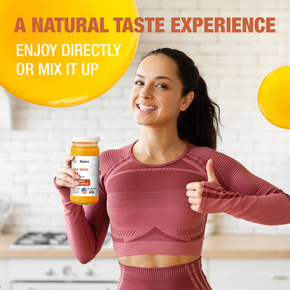 Woman holding Biolore mango pineapple sea moss gel jar and giving thumbs up.