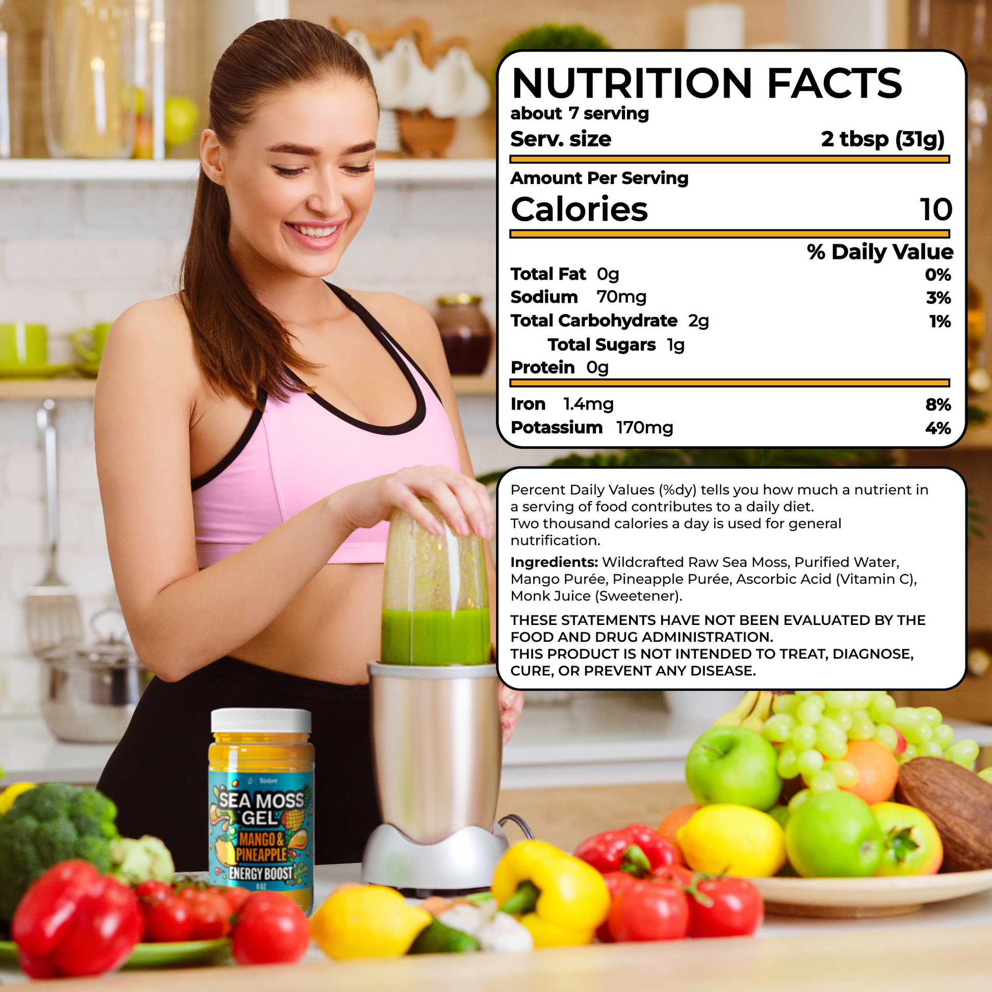 Woman preparing a green smoothie with Biolore mango pineapple sea moss gel and nutrition facts label displayed.
