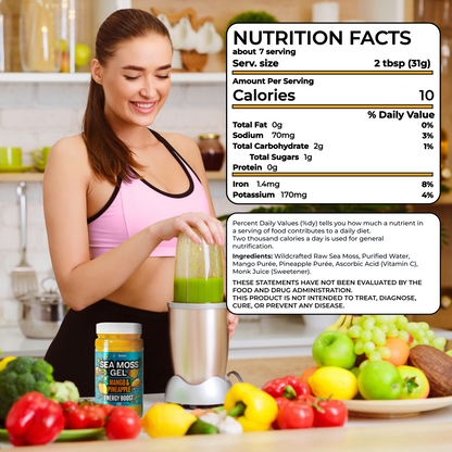 Woman preparing a green smoothie with Biolore mango pineapple sea moss gel and nutrition facts label displayed.