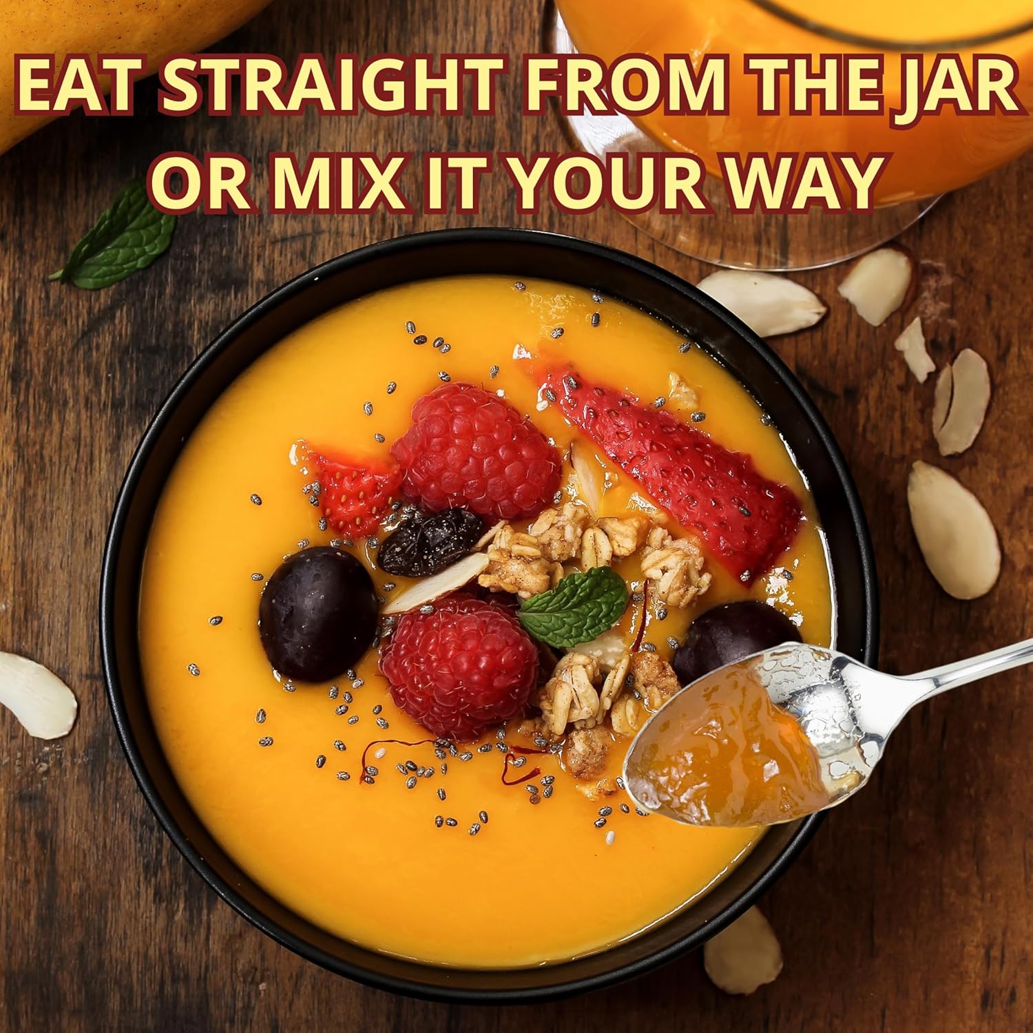 Smoothie bowl with sea moss gel topped with fruits granola and seeds showing ways to enjoy the product.