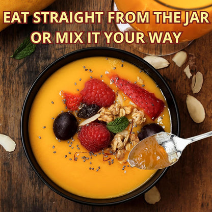 Smoothie bowl with sea moss gel topped with fruits granola and seeds showing ways to enjoy the product.