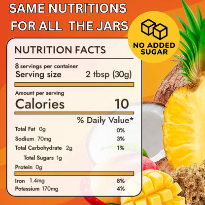 Nutrition facts label for a product with a pineapple and mango in the background, indicating 'No Added Sugar'.