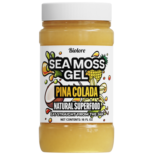 Seamoss gel jar with pina colada flavor on a white background