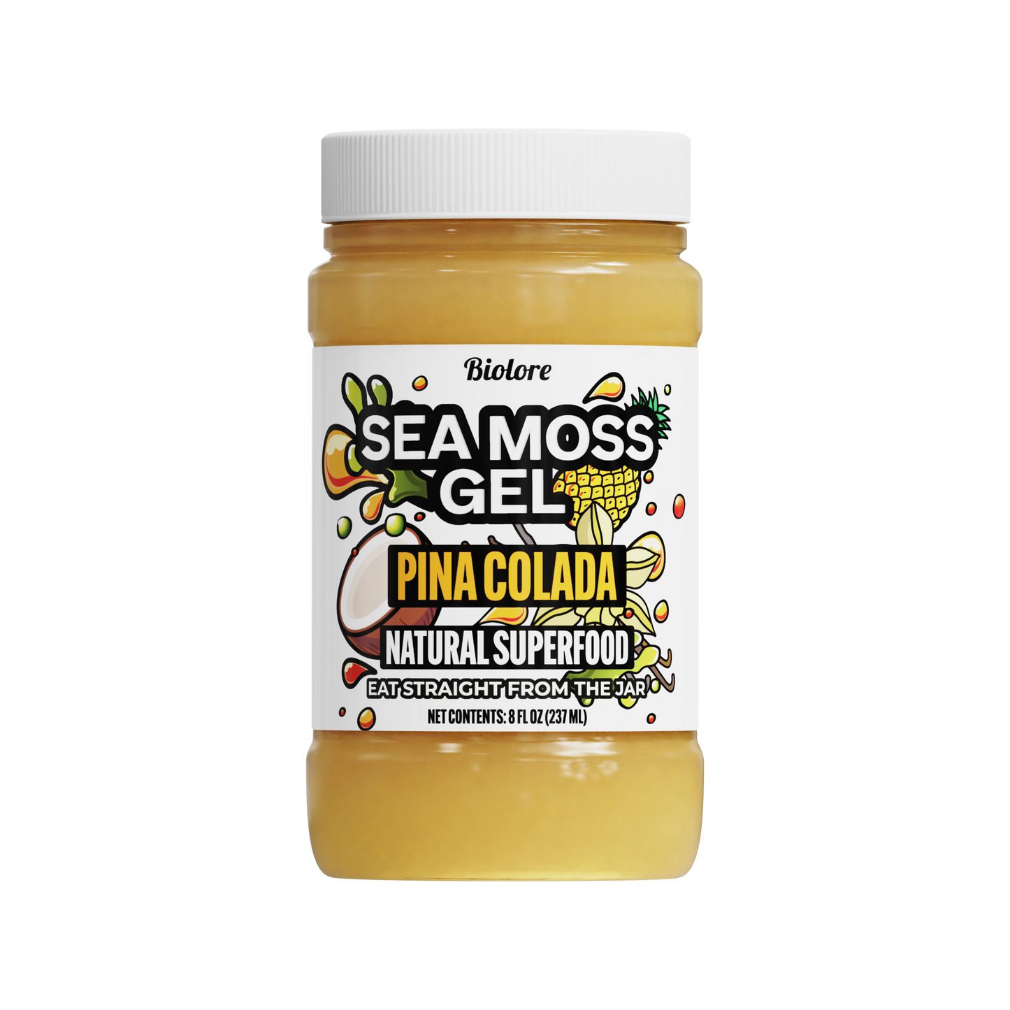 Jar of sea moss gel with a pina colada flavor on a white background