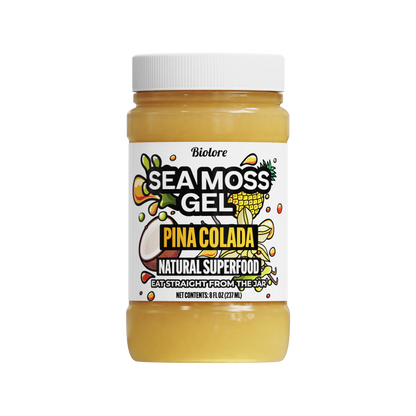Jar of sea moss gel with a pina colada flavor on a white background