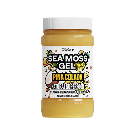 Jar of sea moss gel with a pina colada flavor on a white background