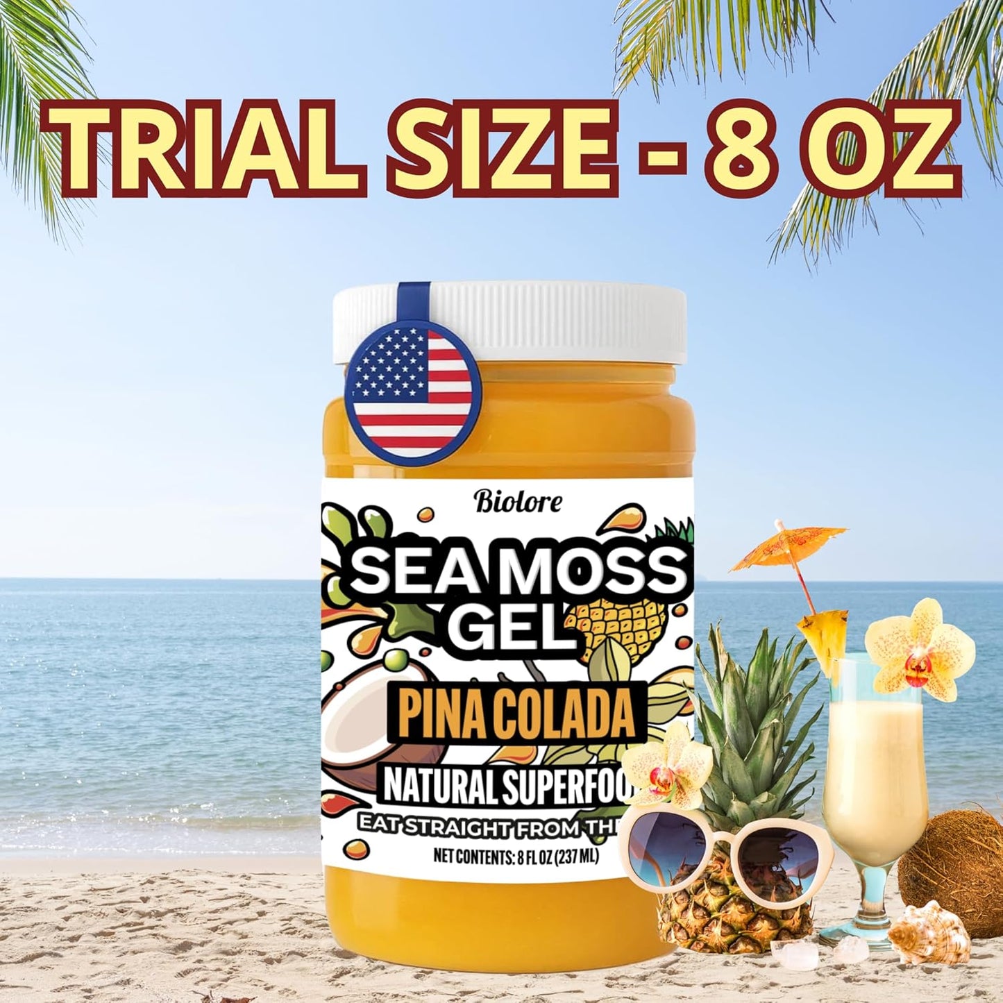 Biolore pina colada sea moss gel 8oz trial size jar with tropical beach elements.