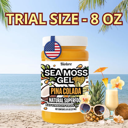 Biolore pina colada sea moss gel 8oz trial size jar with tropical beach elements.