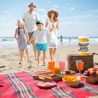 Family enjoying a beach day with Biolore pina colada sea moss gel as part of a healthy lifestyle.