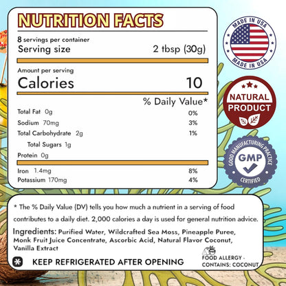 Nutrition facts label for pina colada sea moss gel with natural product and GMP certified icons.