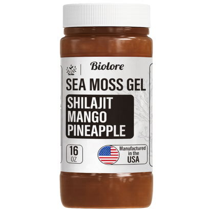 Bottle of Biolore Sea Moss Gel with Shilajit, Mango, and Pineapple flavor on a white background