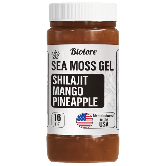 Bottle of Biolore Sea Moss Gel with Shilajit, Mango, and Pineapple flavor on a white background