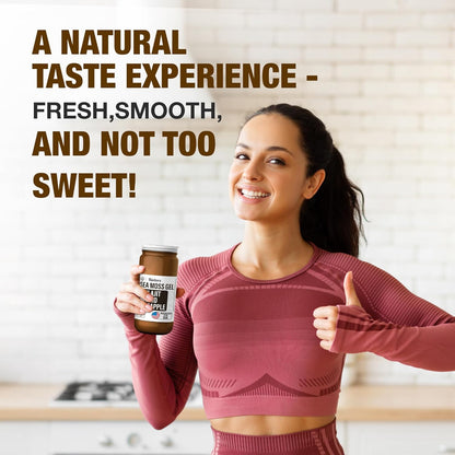 Woman holding Biolore sea moss gel shilajit mango pineapple jar and giving thumbs up.