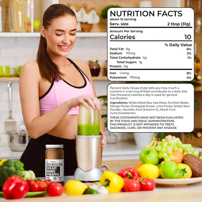 Woman making a smoothie with nutrition facts label overlay