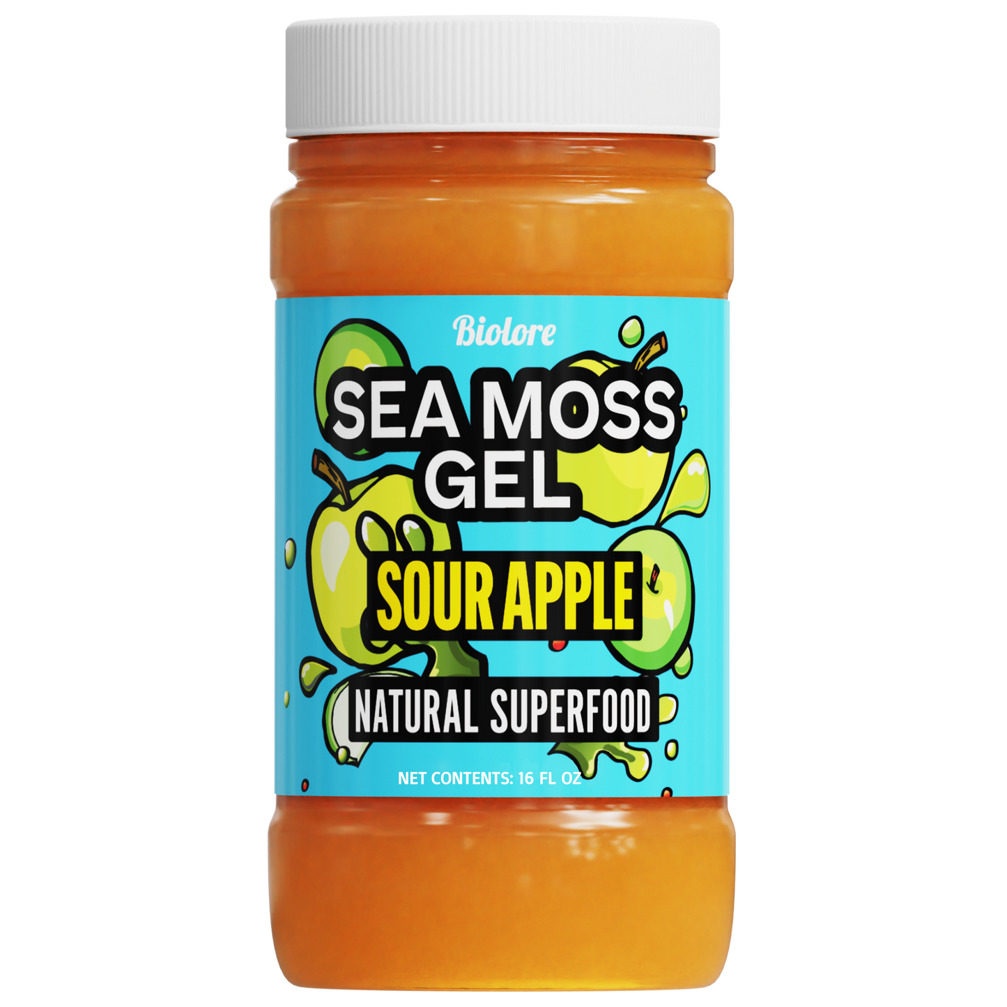 Bottle of Bioture Sea Moss Gel Sour Apple flavor on a white background