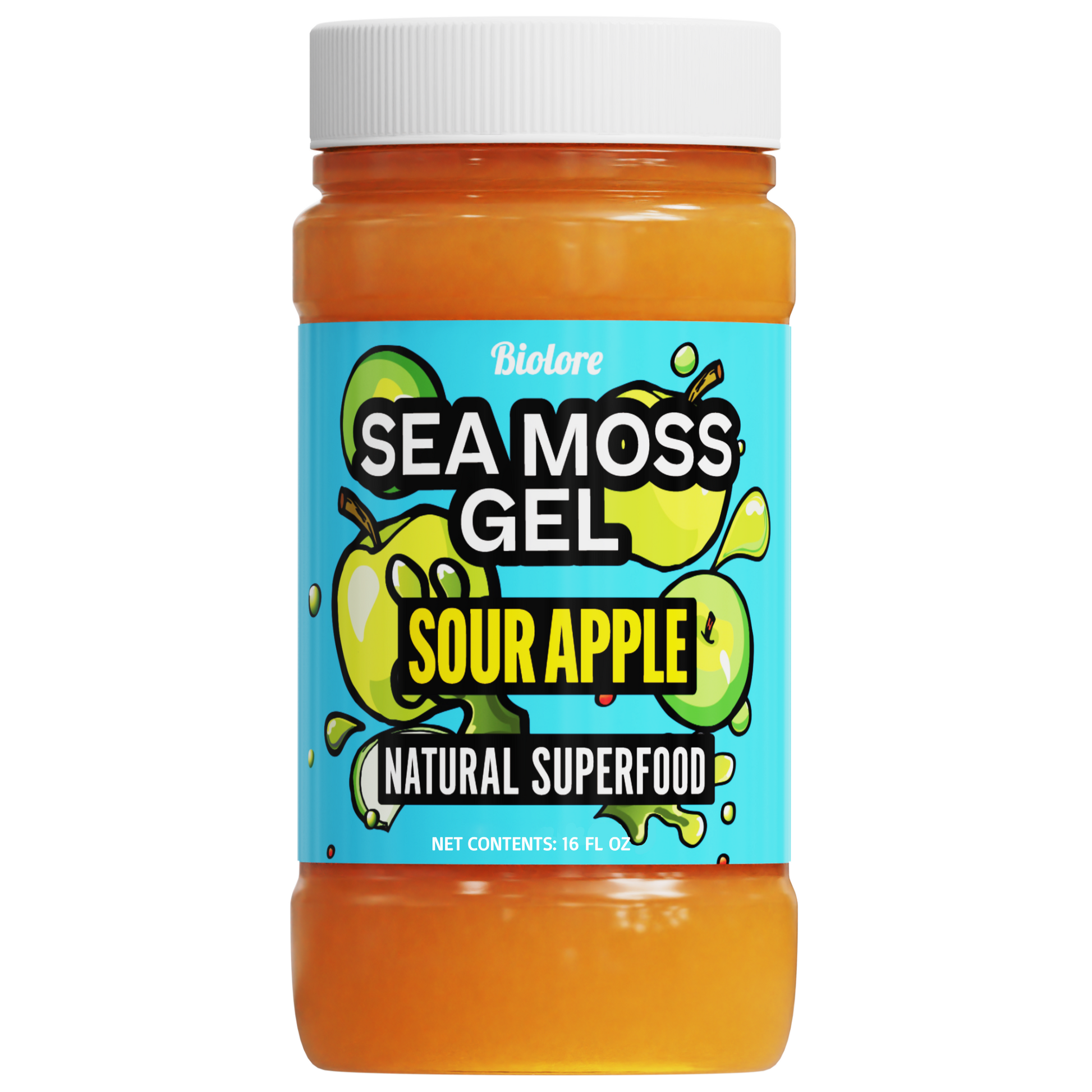 Bottle of Bioture Sea Moss Gel Sour Apple flavor on a white background