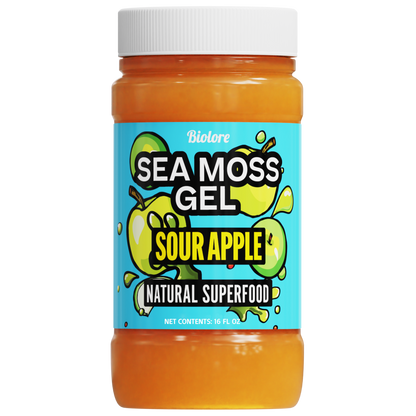 Bottle of Bioture Sea Moss Gel Sour Apple flavor on a white background