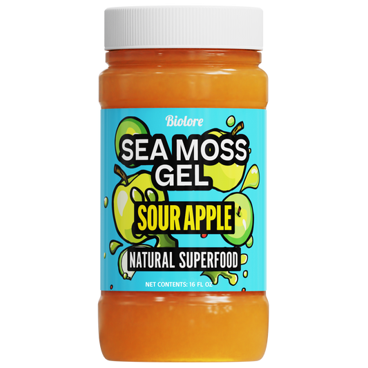Bottle of Bioture Sea Moss Gel Sour Apple flavor on a white background